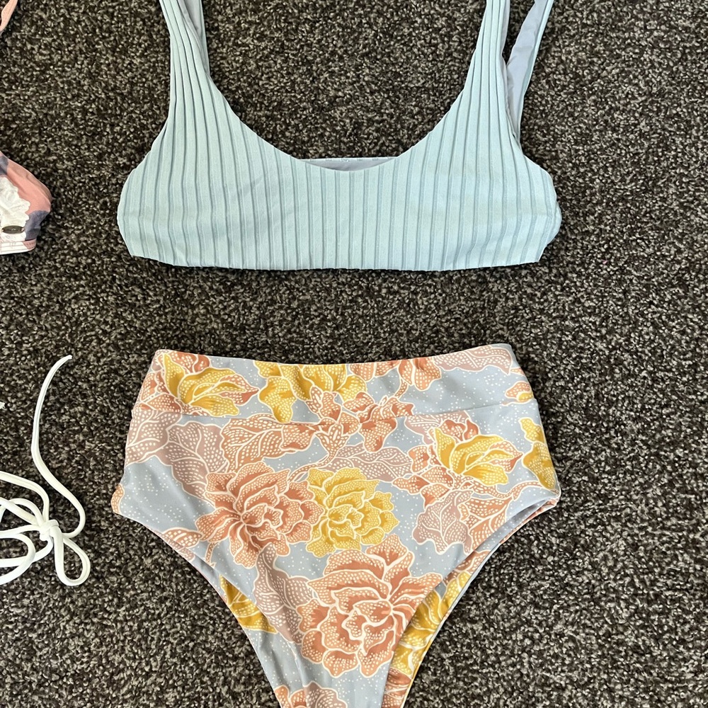 Blue Ribbed Bikini Top and Floral High-Waisted Bottoms